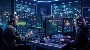 A futuristic scene showing a football bettor analyzing match stats on one screen while a gamer evaluates virtual skins and probabilities on another