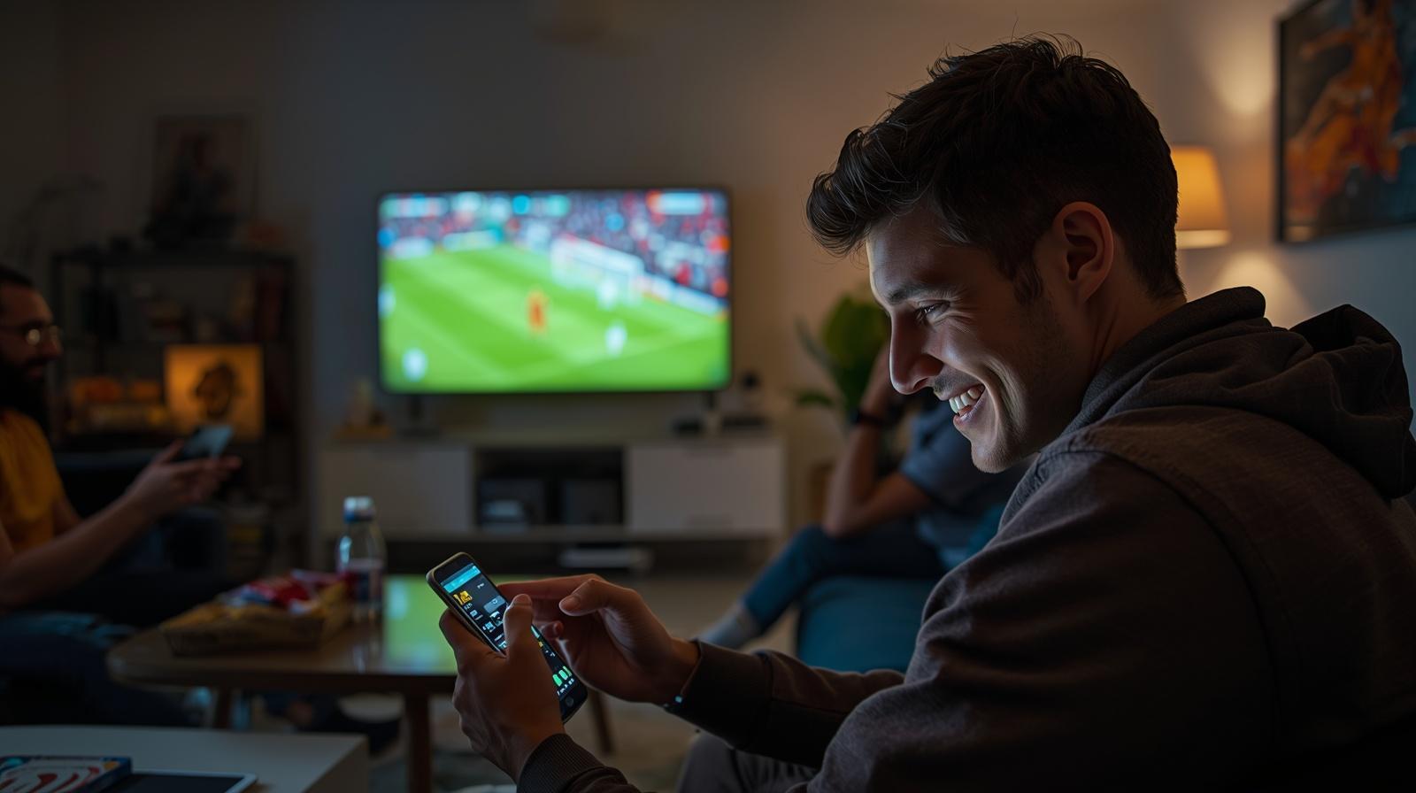 Young football fans celebrate thrilling tournament moments together inside bright modern apartment.