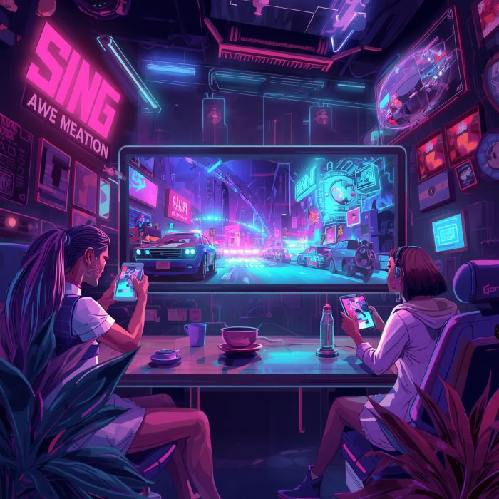 digital entertainment scene with neon-inspired mobile gaming visuals and streaming apps